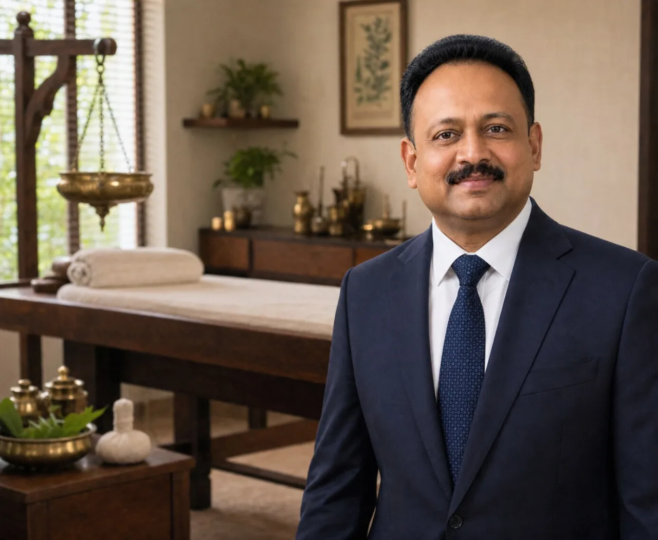 Physician portrait beside an Ayurvedic treatment table