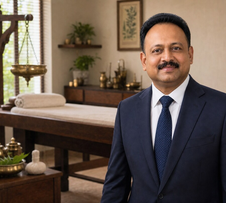 Physician portrait beside an Ayurvedic treatment table